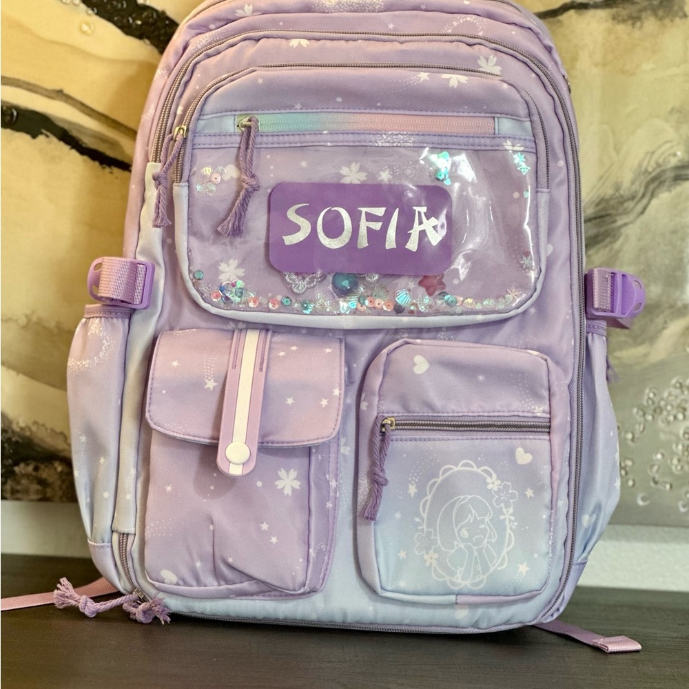 Purple Canvas Backpack with Transparent Pocket and Personalization